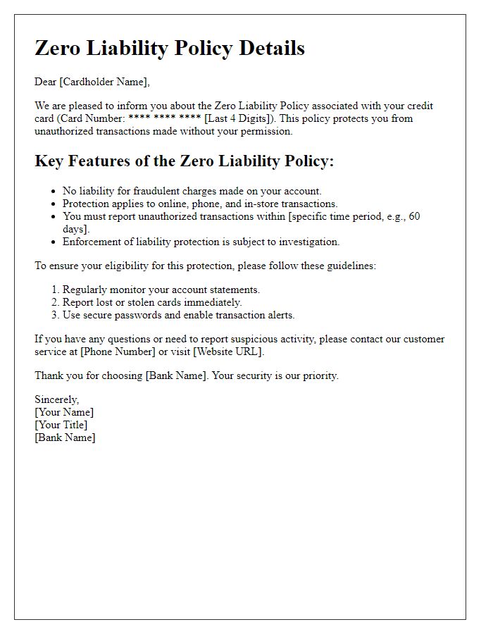 Letter template of credit card zero liability policy details