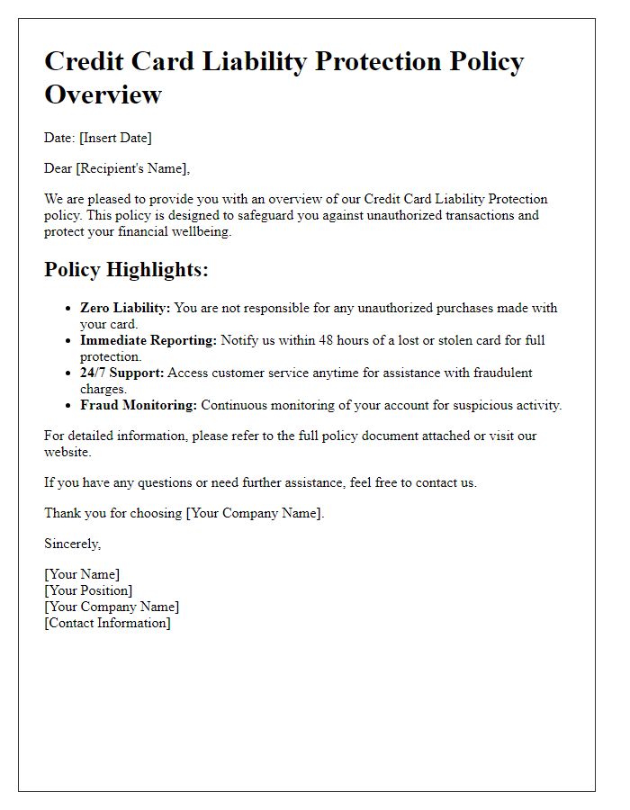 Letter template of policy overview for credit card liability protection