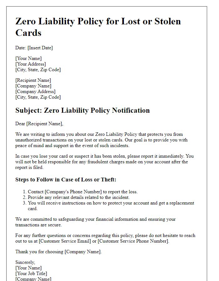 Letter template of zero liability policy for lost or stolen cards