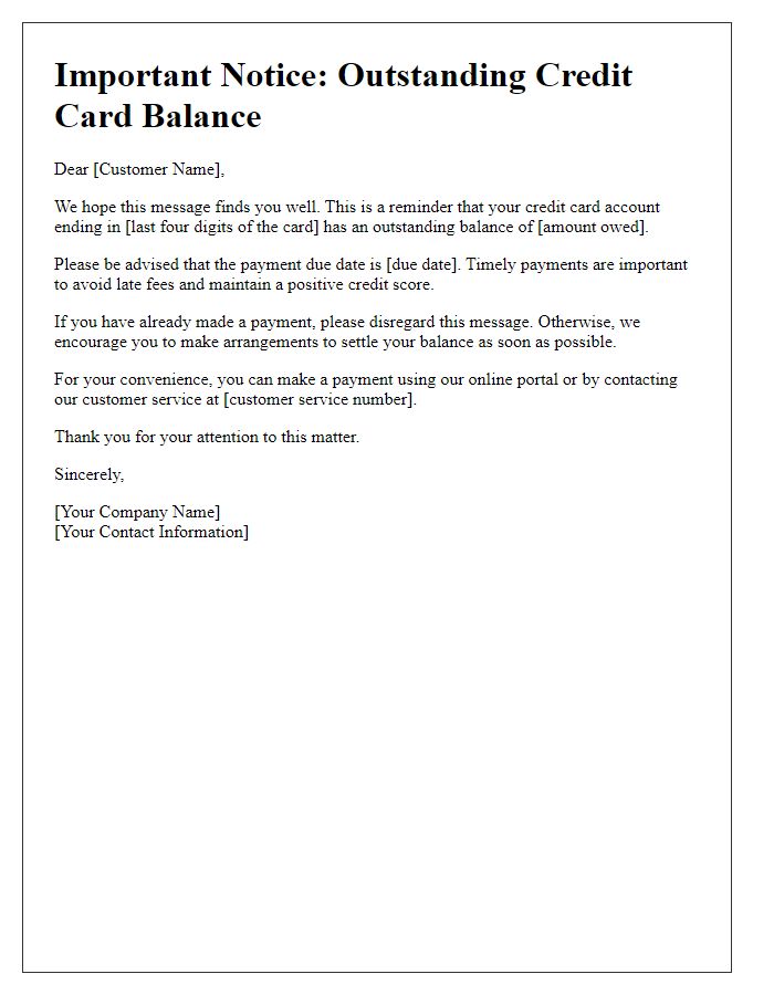 Letter template of alert for outstanding credit card balance