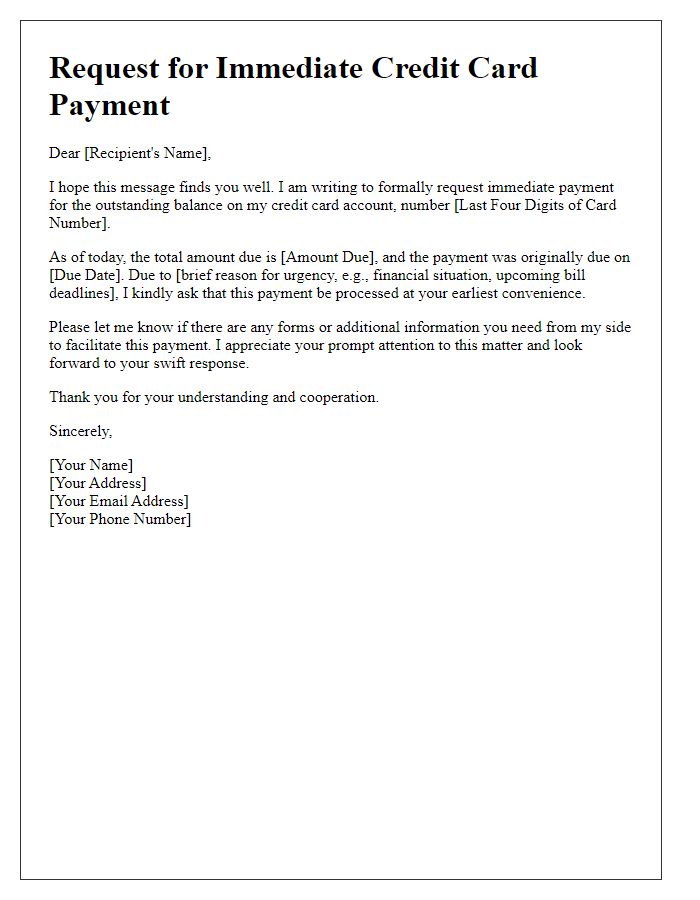 Letter template of request for immediate credit card payment