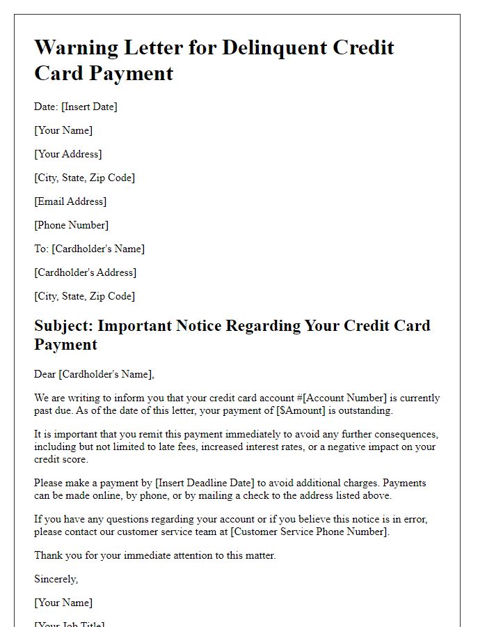 Letter template of warning for delinquent credit card payment