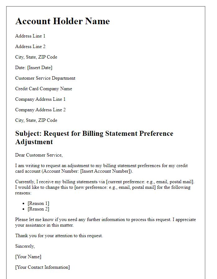 Letter template of credit card billing statement preference adjustment