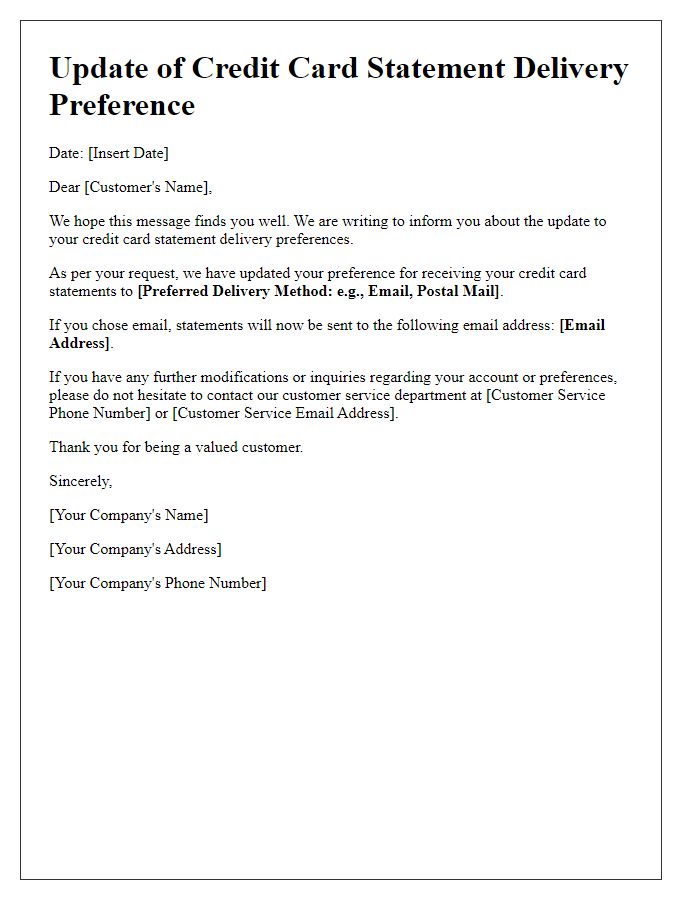 Letter template of credit card statement delivery preference update