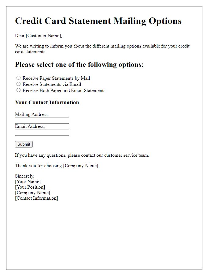Letter template of credit card statement mailing options selection