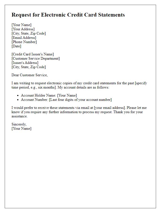 Letter template of request for electronic credit card statements