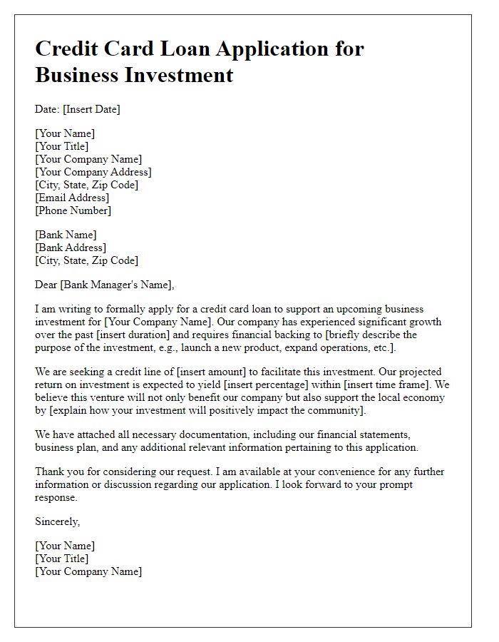 Letter template of credit card loan application for business investment