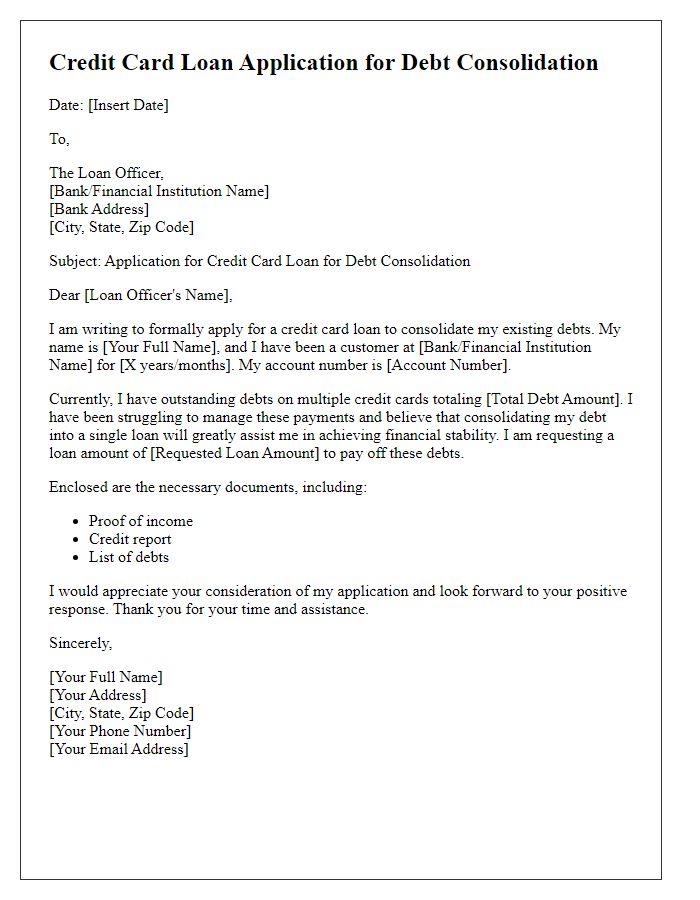 Letter template of credit card loan application for debt consolidation