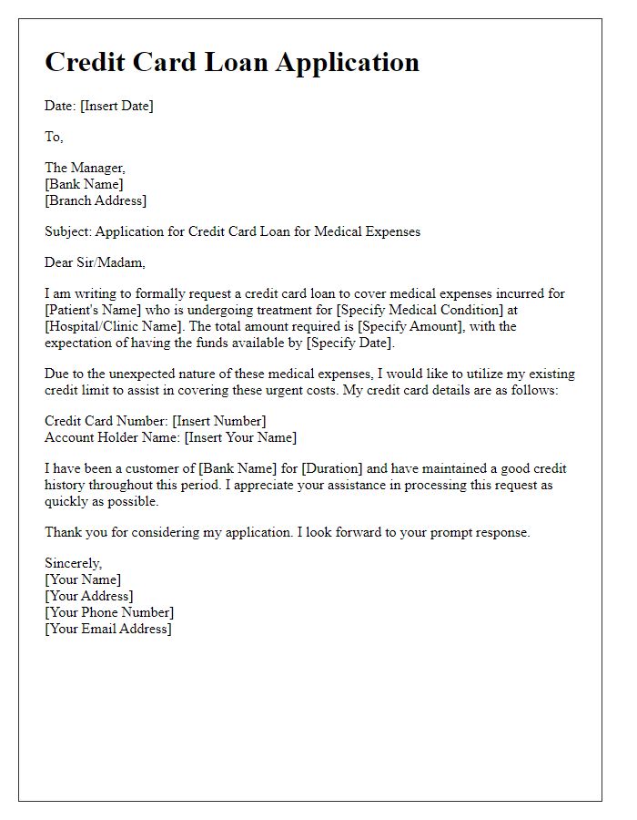 Letter template of credit card loan application for medical expenses