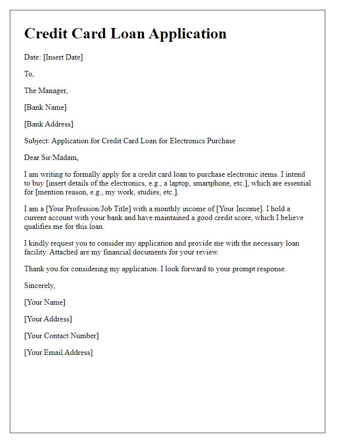 Letter template of credit card loan application for purchasing electronics