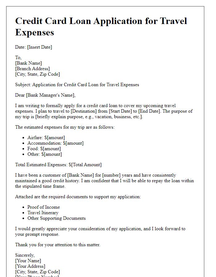 Letter template of credit card loan application for travel expenses