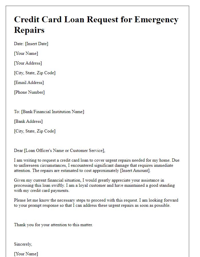 Letter template of credit card loan request for emergency repairs