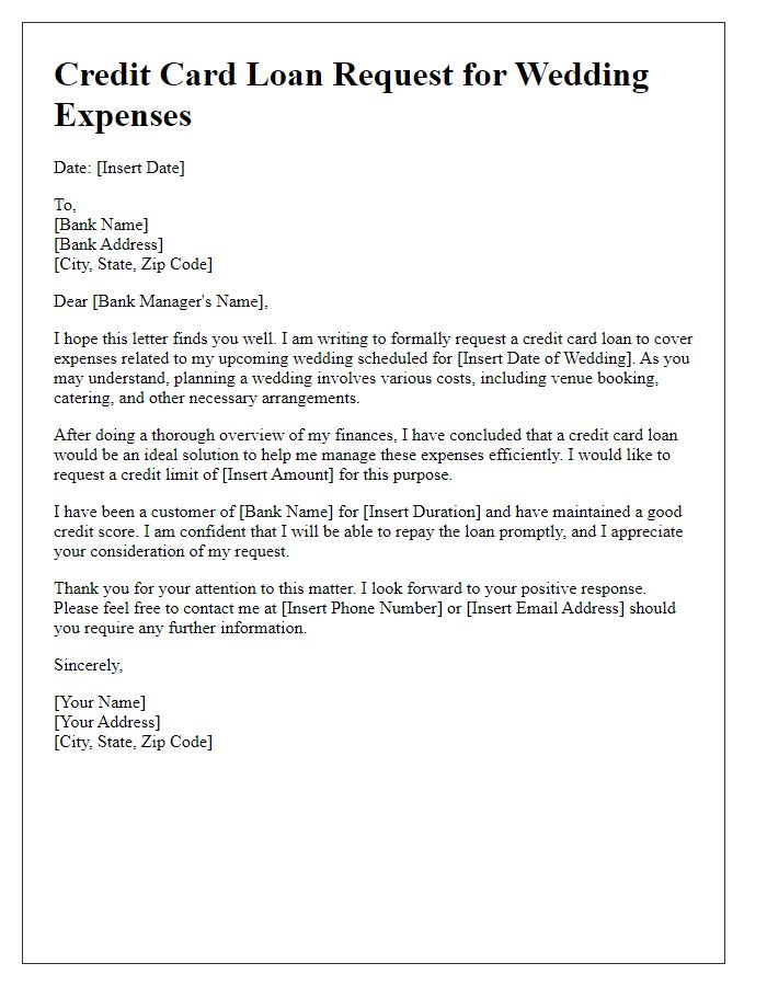 Letter template of credit card loan request for wedding expenses