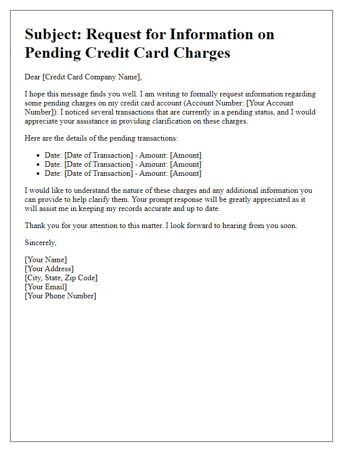 Letter template of appeal for information on pending credit card charges