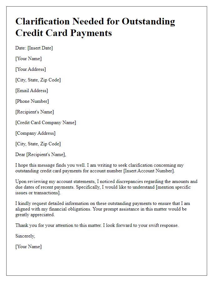 Letter template of clarification needed for outstanding credit card payments