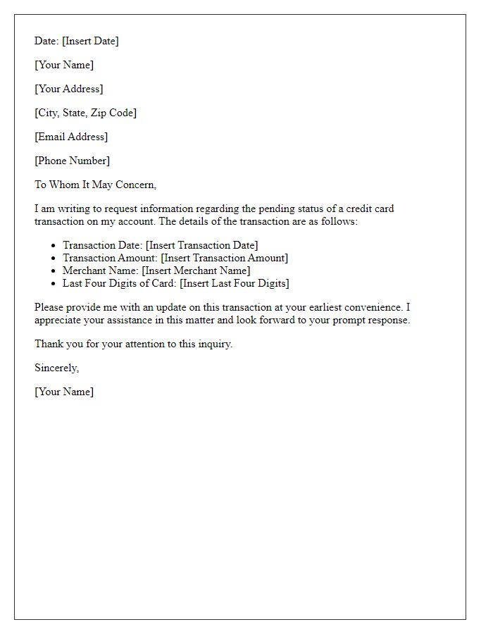 Letter template of request for details on credit card transaction pending status