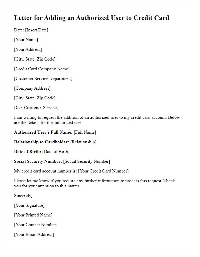 Letter template of adding an authorized user to credit card