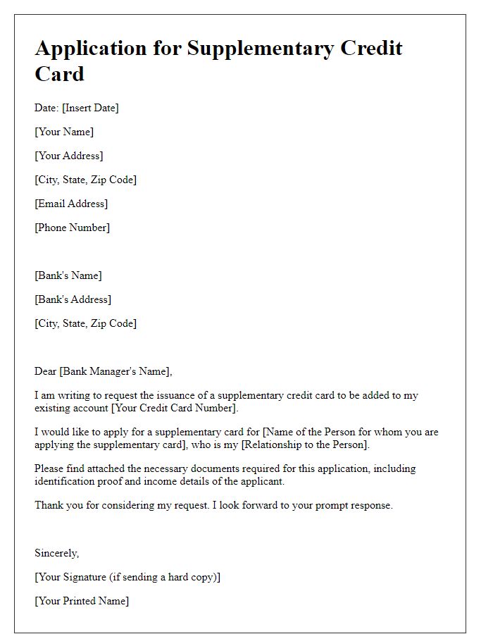 Letter template of application for supplementary card on credit card