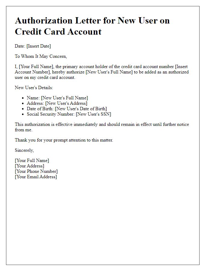 Letter template of authorization for new user on credit card account