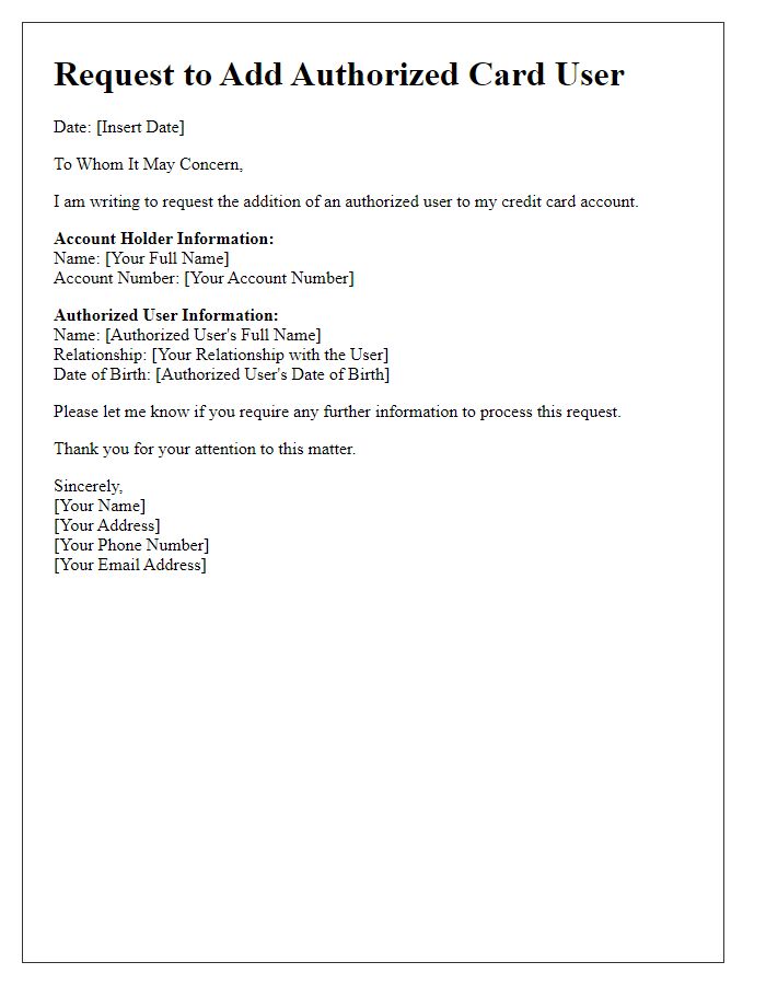 Letter template of documentation for adding an authorized card user