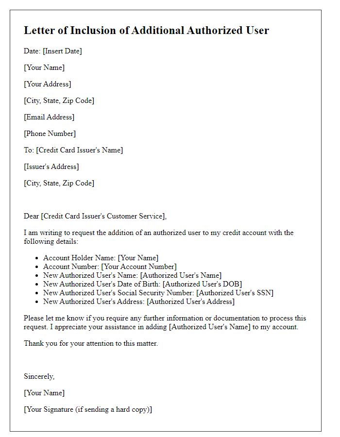 Letter template of inclusion of additional authorized user on credit account