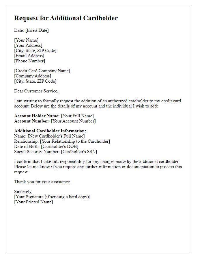 Letter template of request for additional cardholder on credit card account