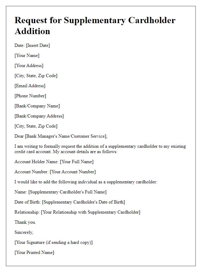 Letter template of request for supplementary cardholder addition