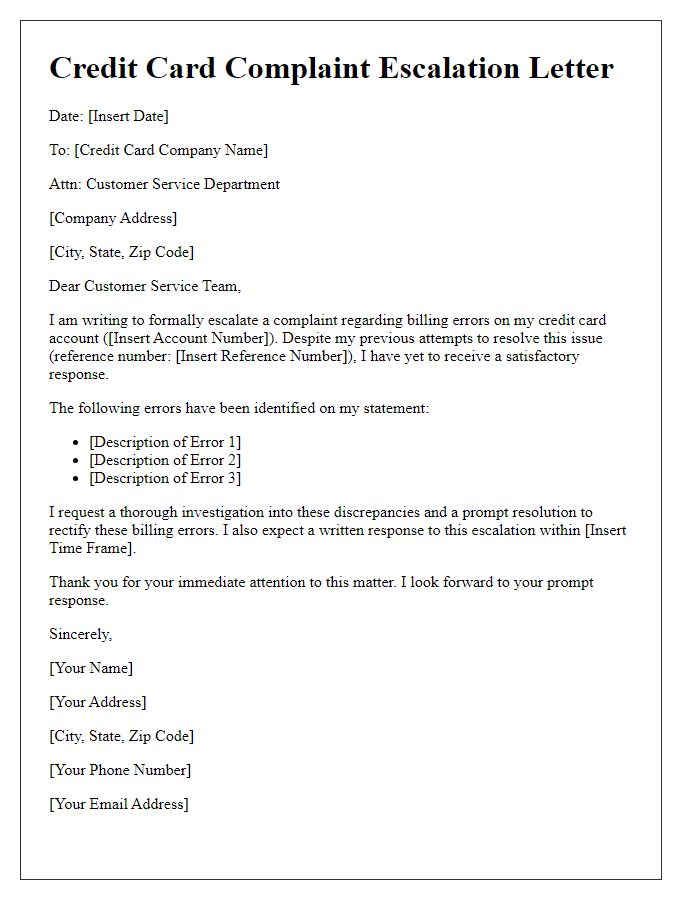 Letter template of credit card complaint escalation about billing errors.