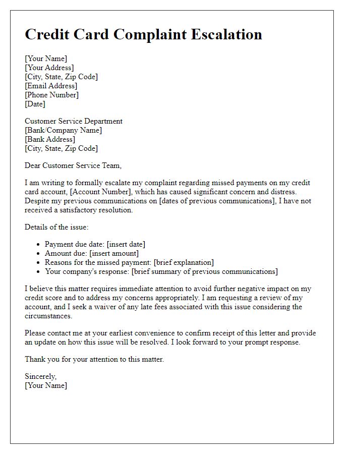 Letter template of credit card complaint escalation for missed payments resolution.