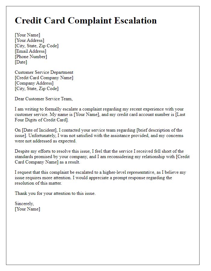 Letter template of credit card complaint escalation for poor customer service experience.