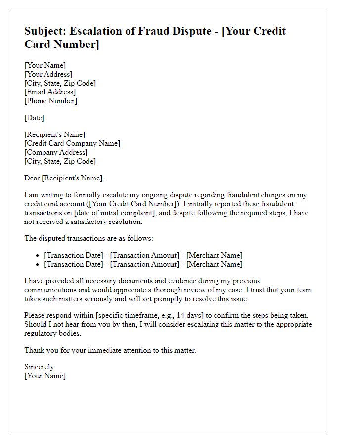 Letter template of credit card complaint escalation regarding fraud dispute.