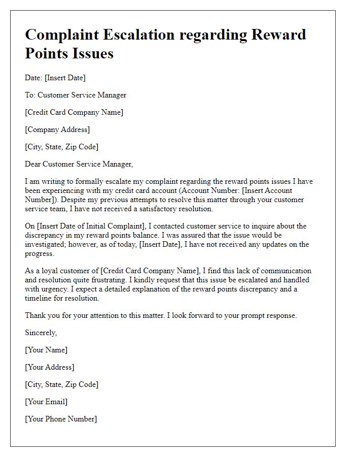 Letter template of credit card complaint escalation regarding reward points issues.