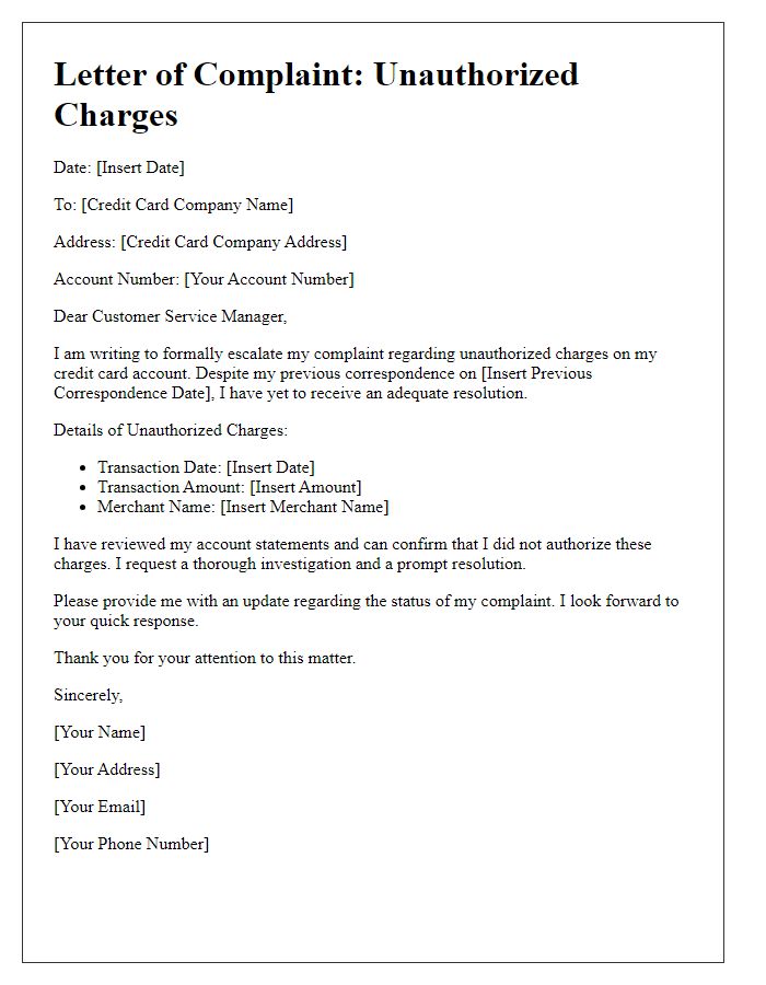 Letter template of credit card complaint escalation for unauthorized charges.