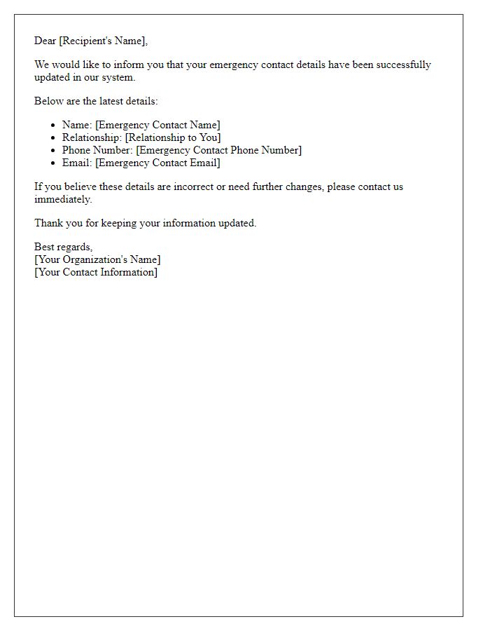 Letter template of alert for updated emergency contact details
