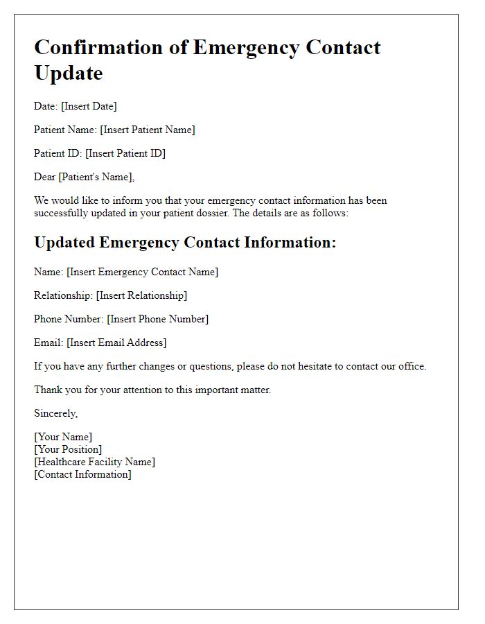 Letter template of confirmation for emergency contact update in patient dossier