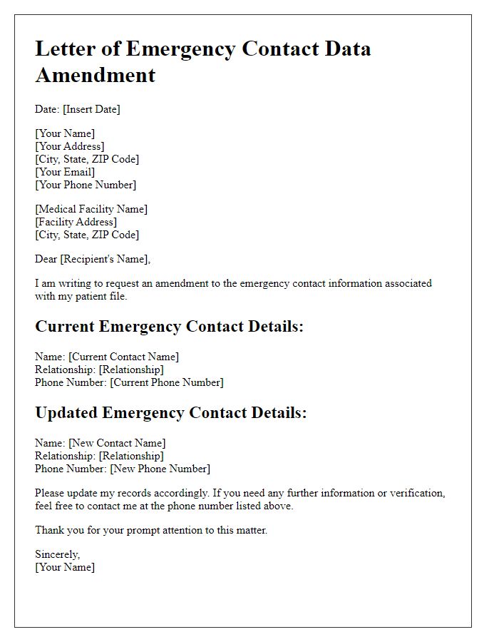 Letter template of emergency contact data amendment for patient files