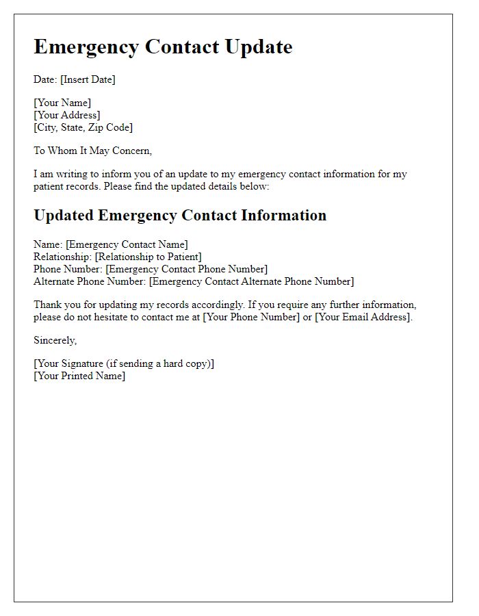 Letter template of emergency contact update for patient records