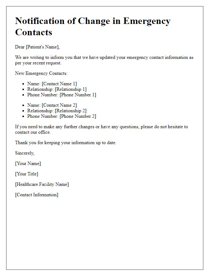 Letter template of notification for change in patient emergency contacts