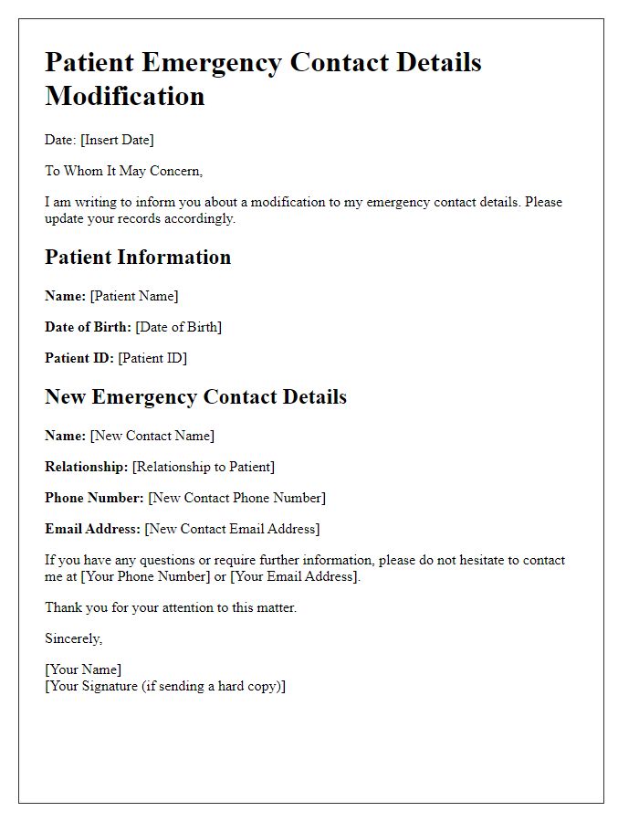 Letter template of patient emergency contact details modification