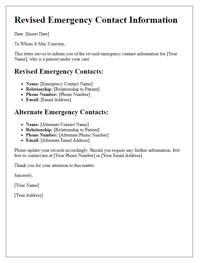 Letter template of revised emergency contact information for healthcare providers