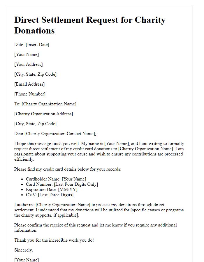 Letter template of credit card direct settlement request for charity donations.