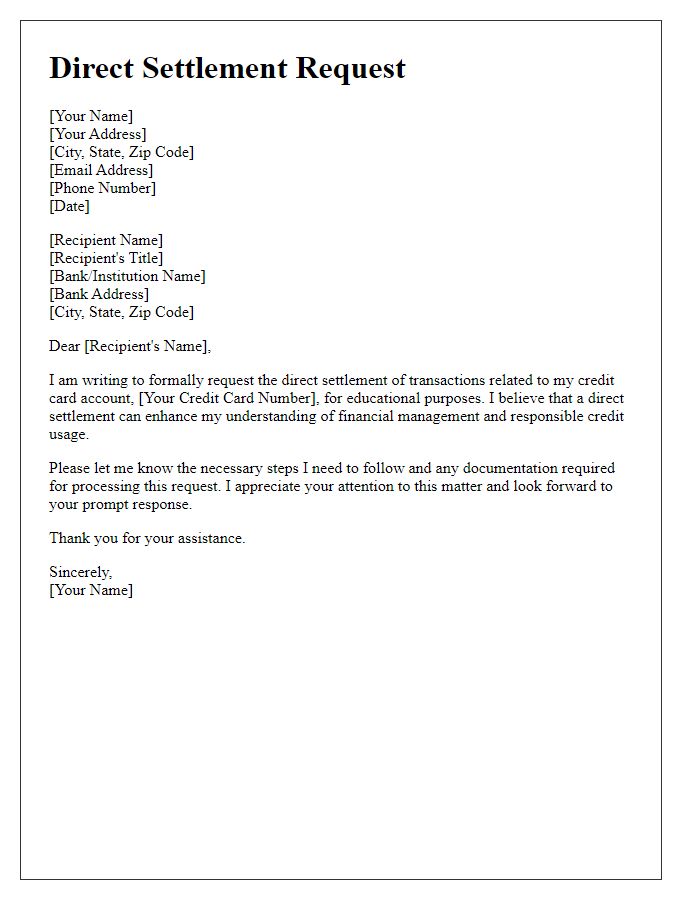 Letter template of credit card direct settlement request for educational purposes.