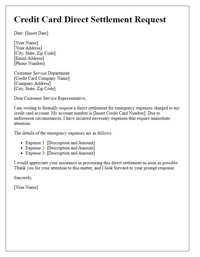 Letter template of credit card direct settlement request for emergency expenses.