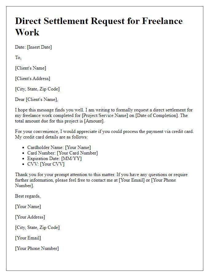 Letter template of credit card direct settlement request for freelance work.