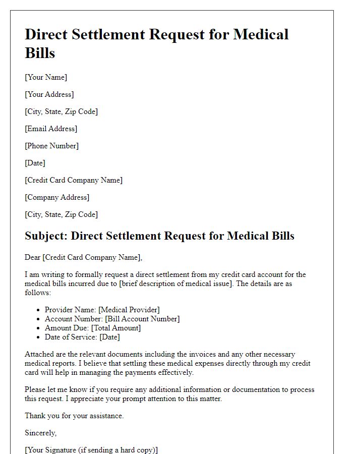 Letter template of credit card direct settlement request for medical bills.