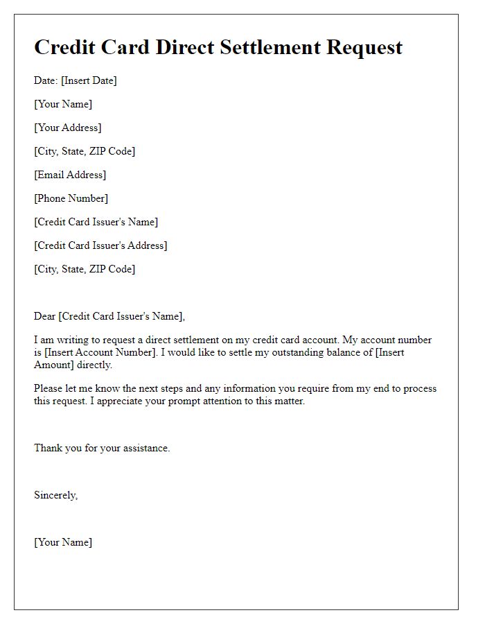 Letter template of credit card direct settlement request for personal use.