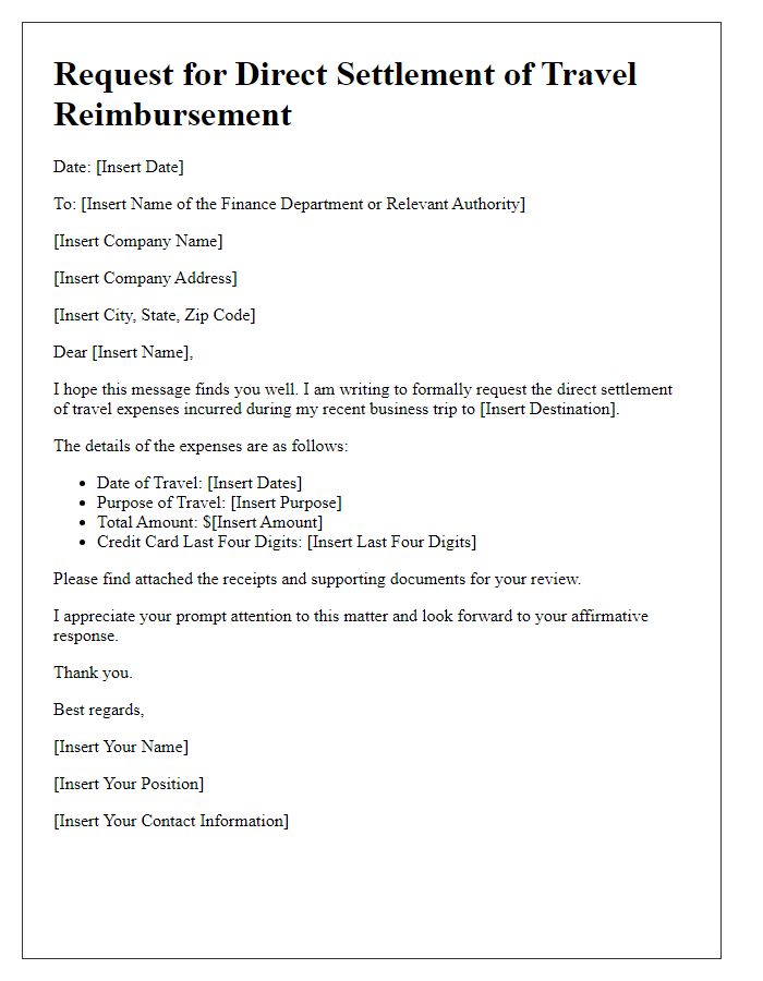 Letter template of credit card direct settlement request for travel reimbursements.