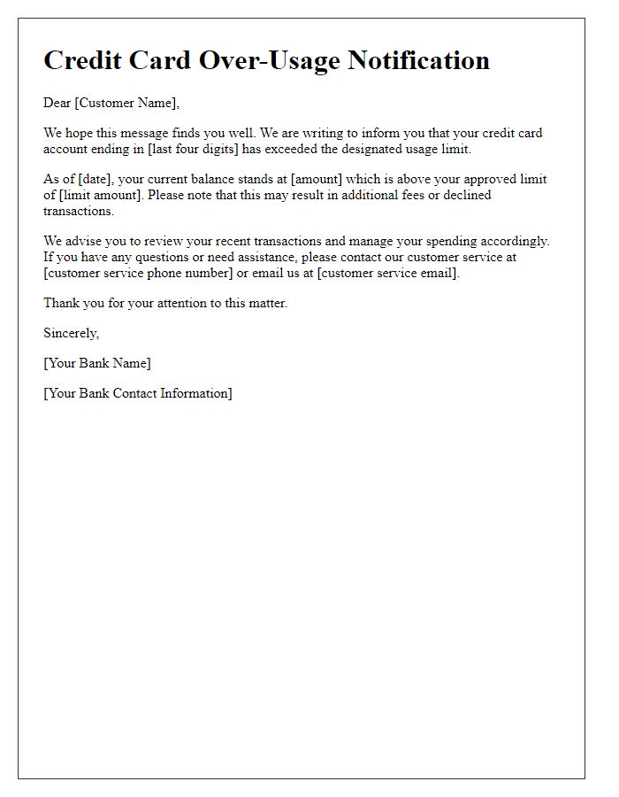 Letter template of Credit Card Over-Usage Notification
