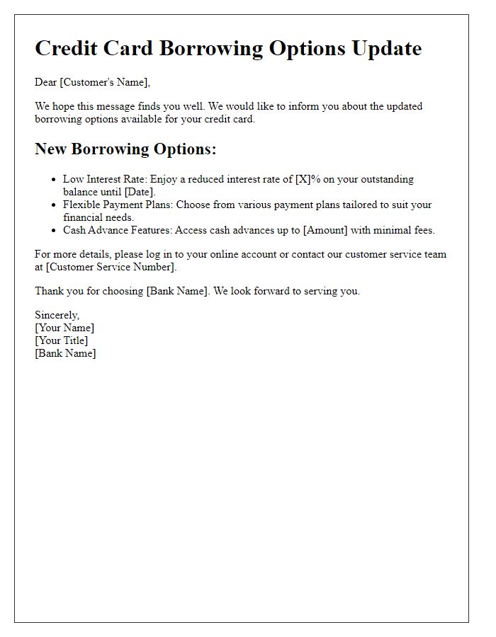 Letter template of credit card borrowing options update