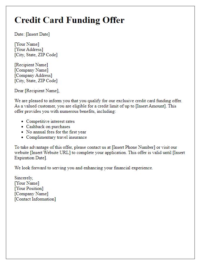 Letter template of credit card funding offer letter